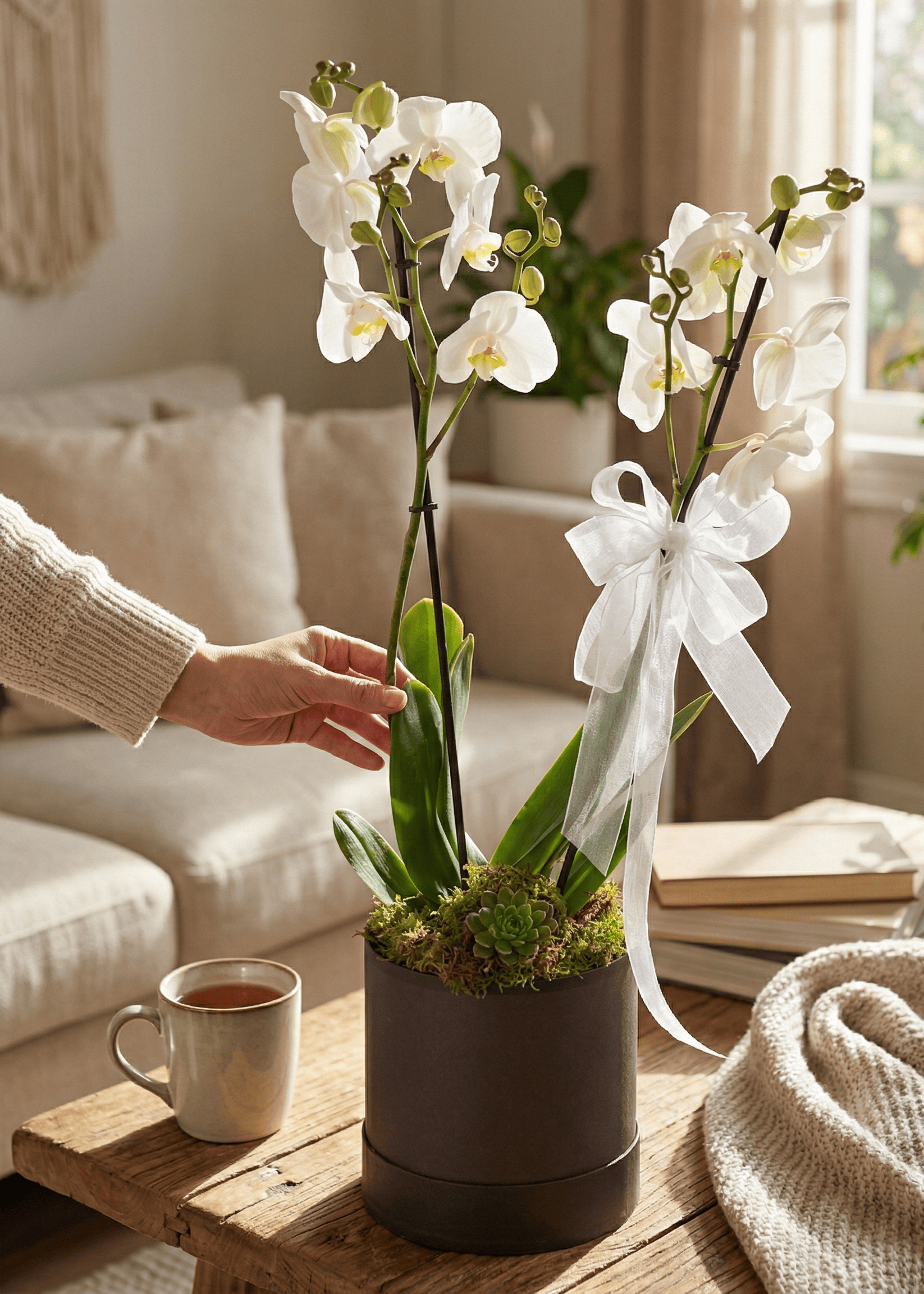 Luniva Çiçek Silindir Kutuda Çift Dal Beyaz Orkide