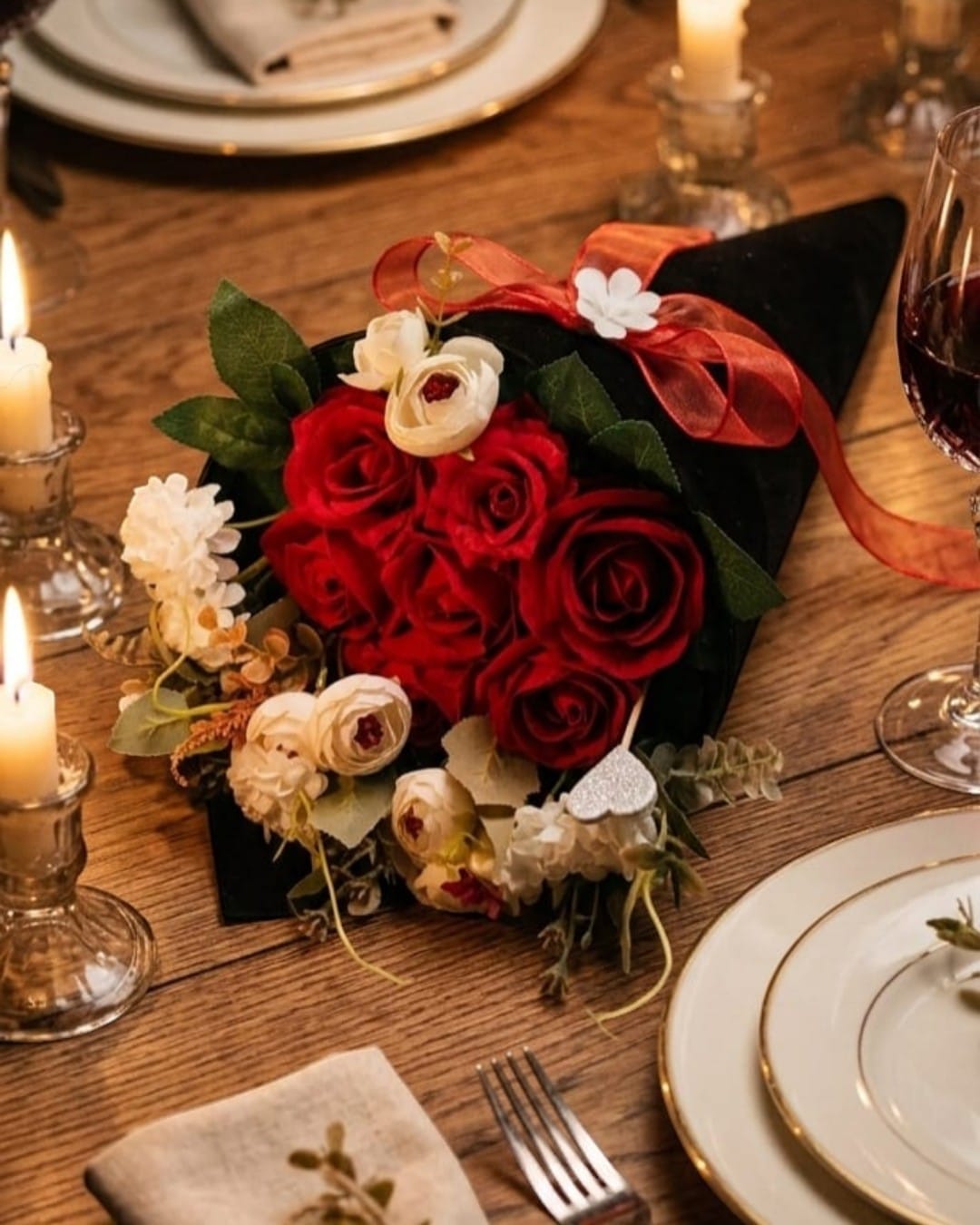 lunivalove Kırmızı Güllü Siyah Külah Luniva "Velours Cone" Kadife Külah Koleksiyonu